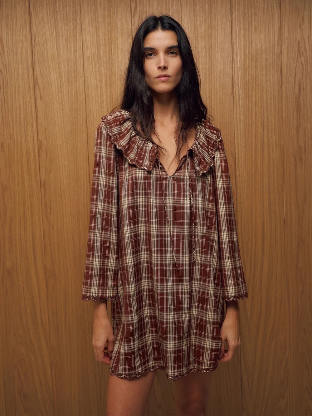 Reformation Brown Plaid Ruffle-Collar Long Sleeve Dress